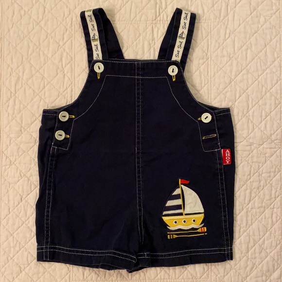 {VTG} Ahoy Set Sail Embroidered Sailboat Shortalls 100% Cotton Navy Blue (16M) - Picture 14 of 14